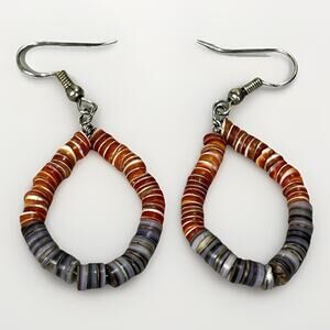 Sterling Silver Orange Purple &White Spiny Oyster Teardrop Earrings Heishi Beads